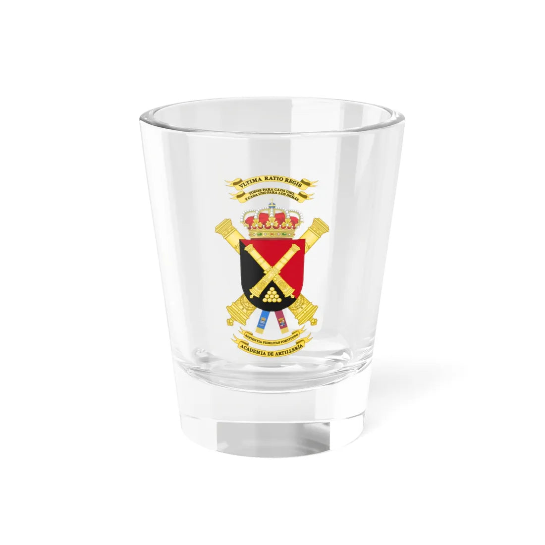 Coat of Arms of the Spanish Artillery Academy (Spain) (Coat of Arms) Shot Glass 1.5oz 1.5oz - Go Mug Yourself