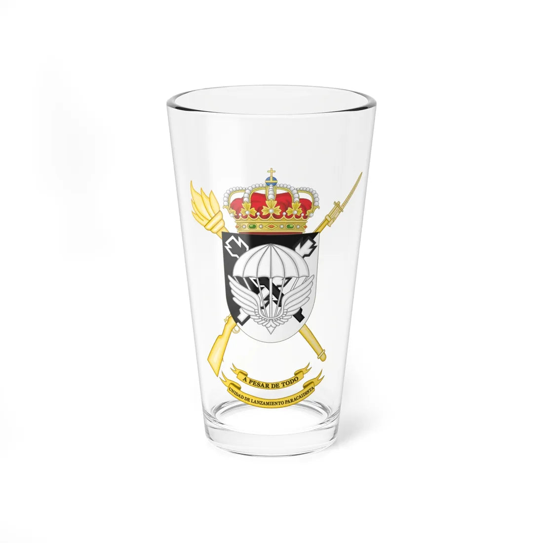 Coat of Arms of the Spanish Brigade Paratrooper Brigade Air Drop Unit (Spain) (Coat of Arms) Pint Glass 16oz 16oz - Go Mug Yourself
