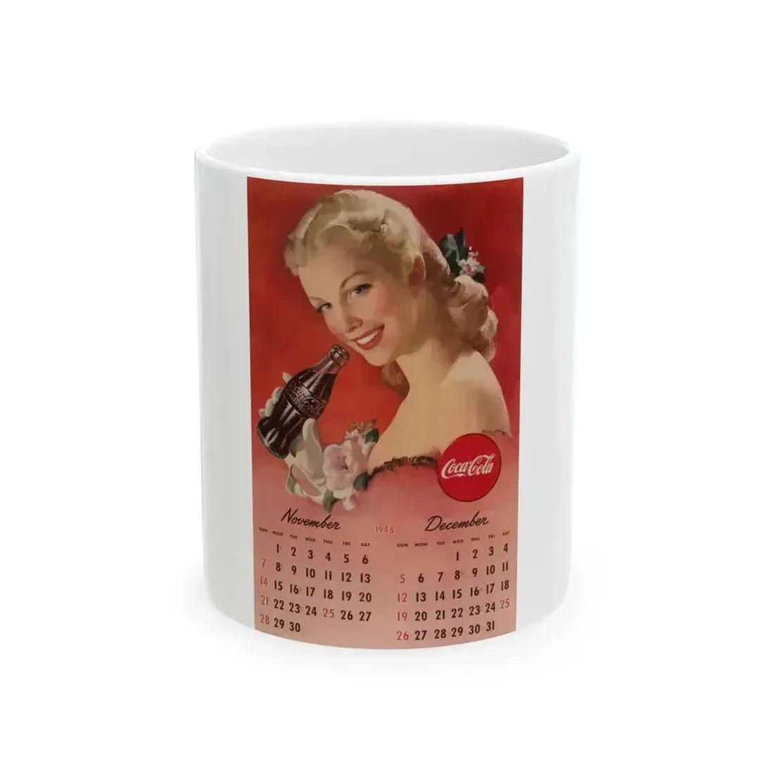 Coca Cola, calendar advertisement 11-12, 1948 - White Coffee Mug 11oz - Go Mug Yourself