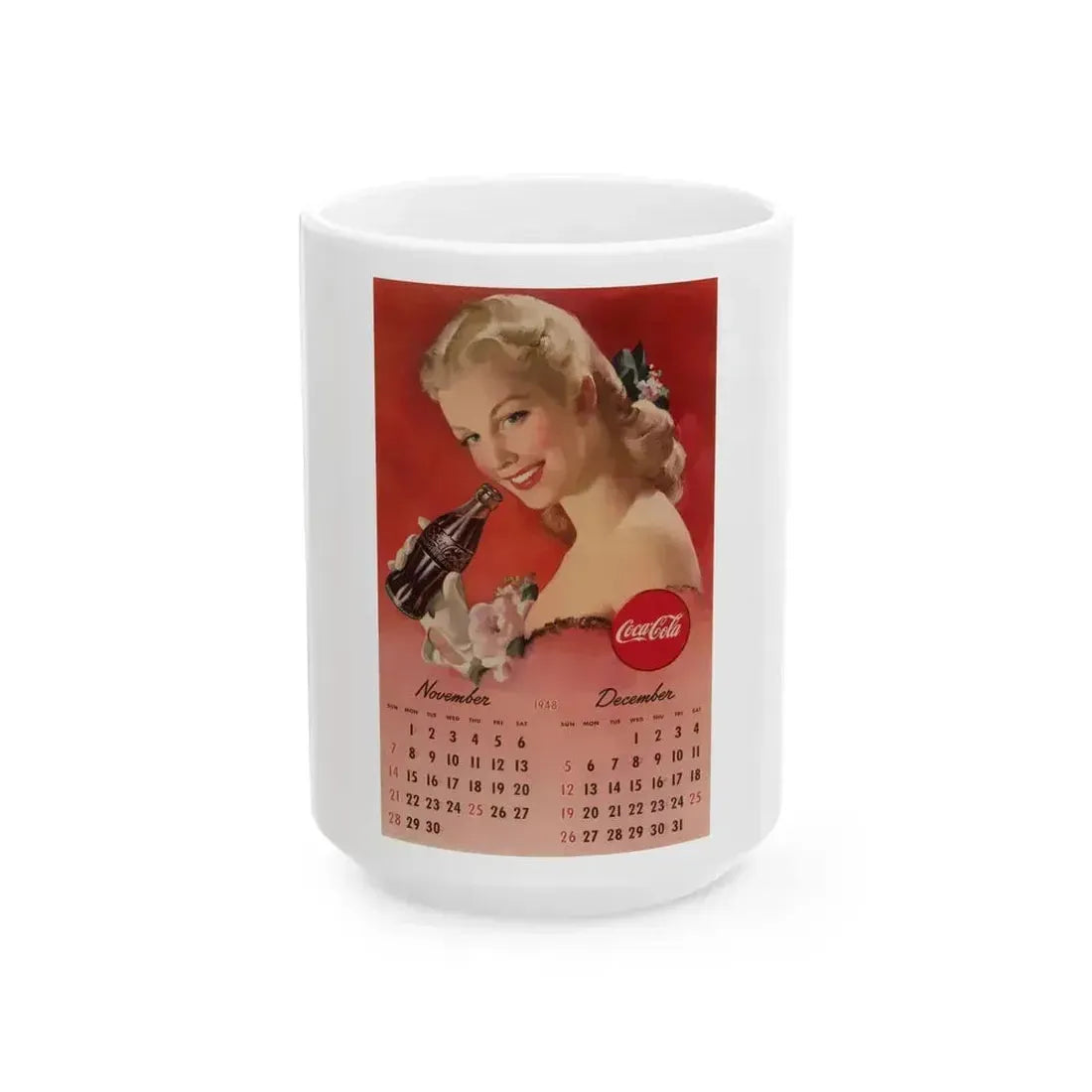 Coca Cola, calendar advertisement 11-12, 1948 - White Coffee Mug 15oz - Go Mug Yourself