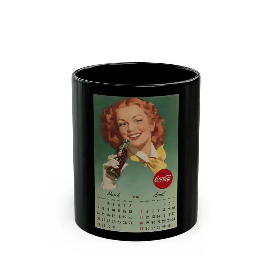 Coca Cola, calendar advertisement 3-4, 1948 - Black Coffee Mug 11oz - Go Mug Yourself