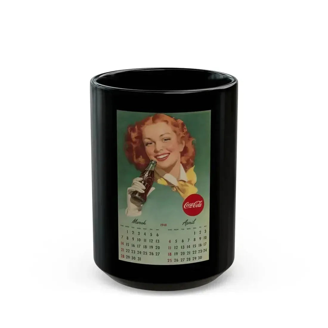 Coca Cola, calendar advertisement 3-4, 1948 - Black Coffee Mug 15oz - Go Mug Yourself