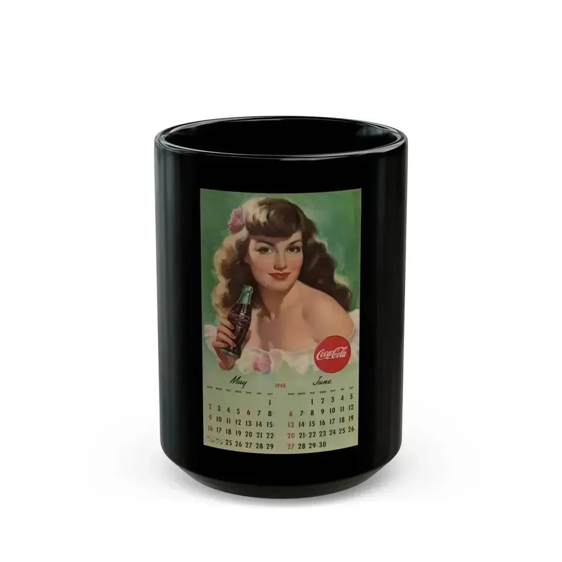 Coca Cola, calendar advertisement 5-6, 1948 - Black Coffee Mug 15oz - Go Mug Yourself