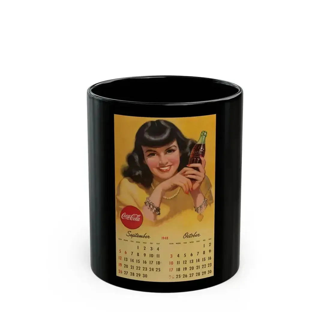Coca Cola, calendar advertisement 9-10, 1948 - Black Coffee Mug 11oz - Go Mug Yourself