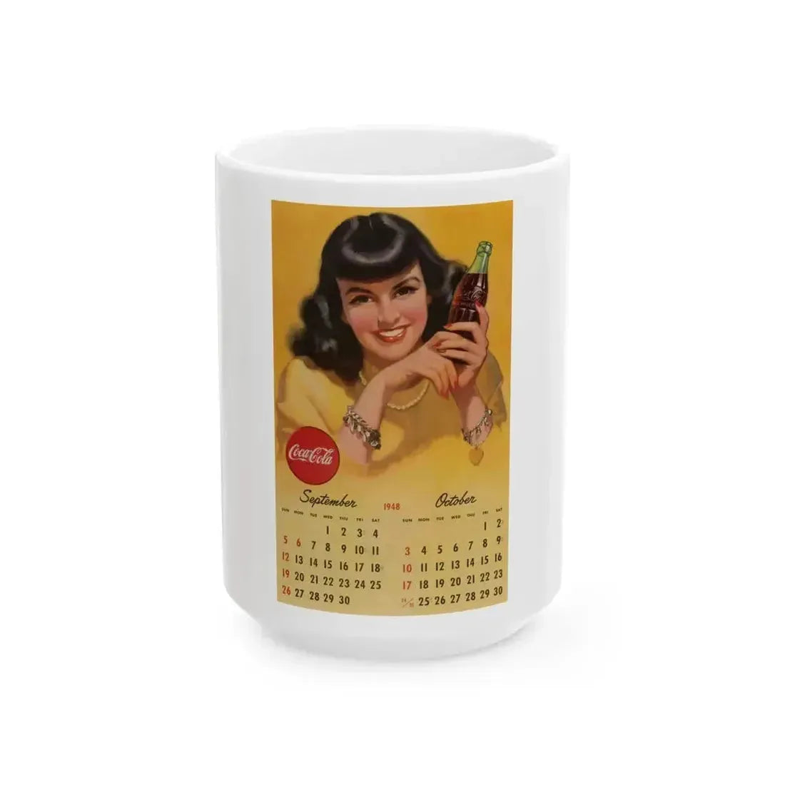 Coca Cola, calendar advertisement 9-10, 1948 - White Coffee Mug 15oz - Go Mug Yourself