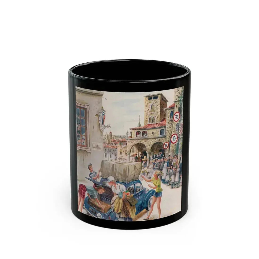 Coed Tourists in Italy, Saturday Evening Post, August 2, 1958 - Black Coffee Mug 11oz - Go Mug Yourself