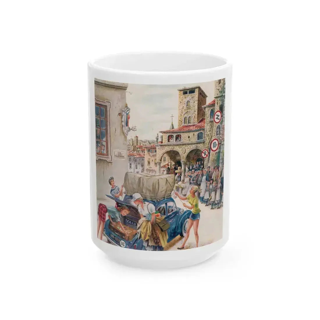 Coed Tourists in Italy, Saturday Evening Post, August 2, 1958 - White Coffee Mug 15oz - Go Mug Yourself