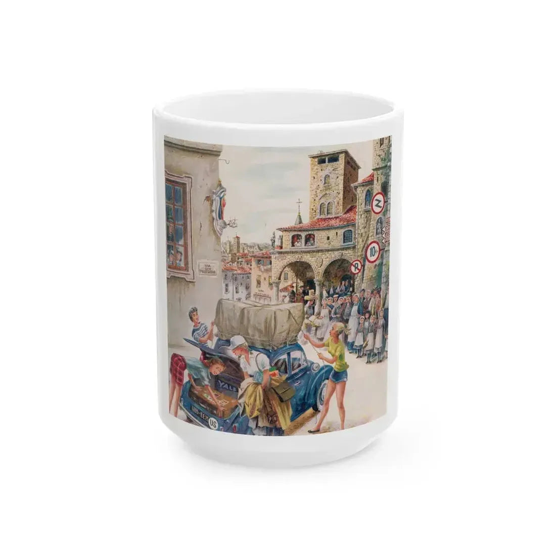 Coed Tourists in Italy, Saturday Evening Post, August 2, 1958 - White Coffee Mug 15oz - Go Mug Yourself