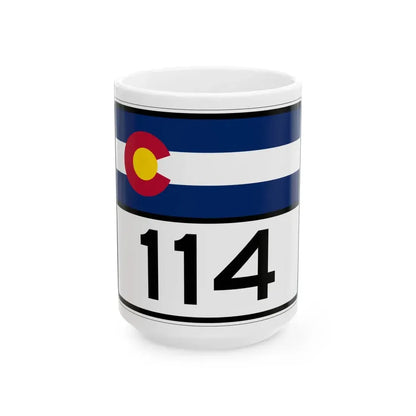 Colorado 114 wide (Colorado) (Road Sign) White Coffee Mug 15oz - Go Mug Yourself