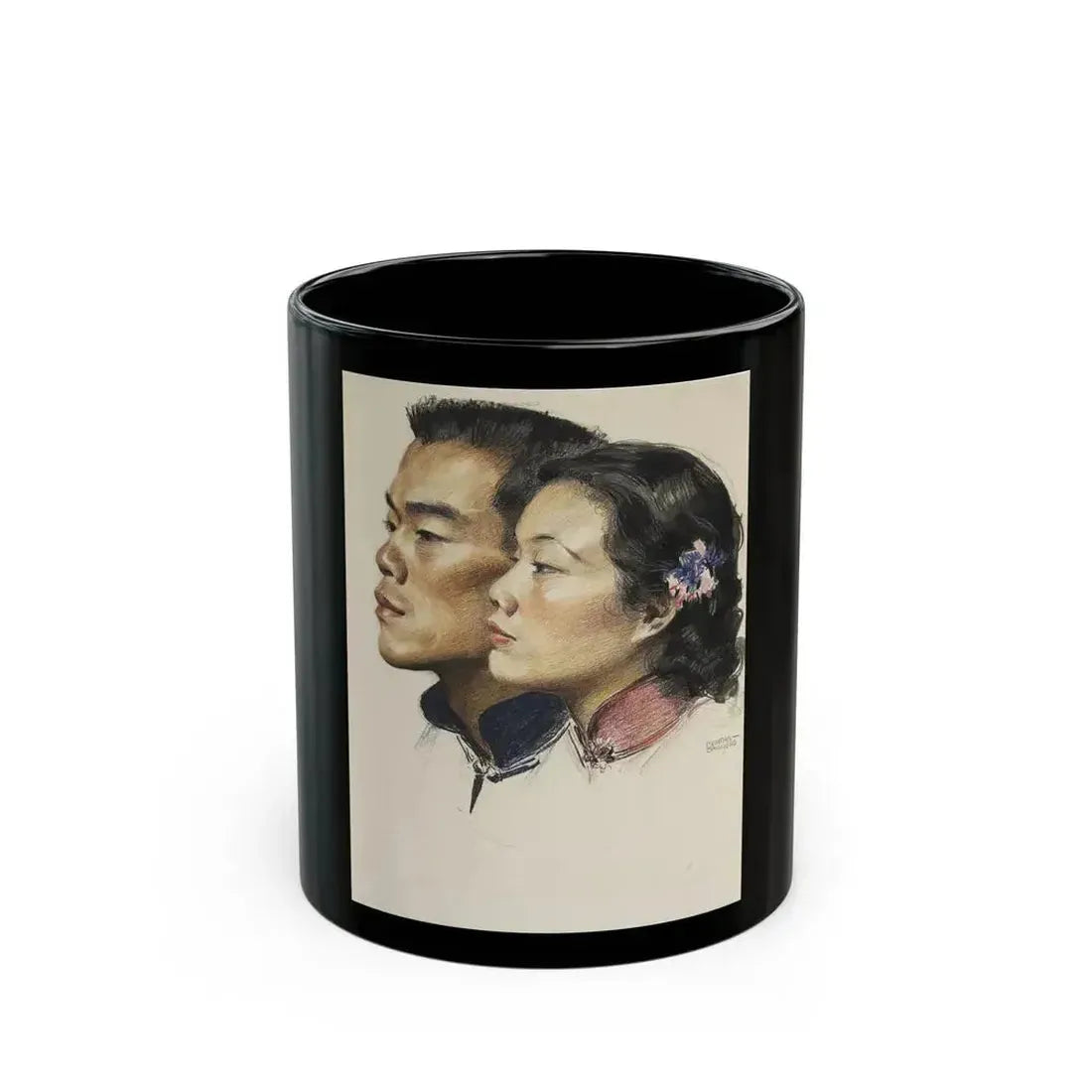 Colored Pencil Dual Portrait Illustration - Black Coffee Mug 11oz - Go Mug Yourself