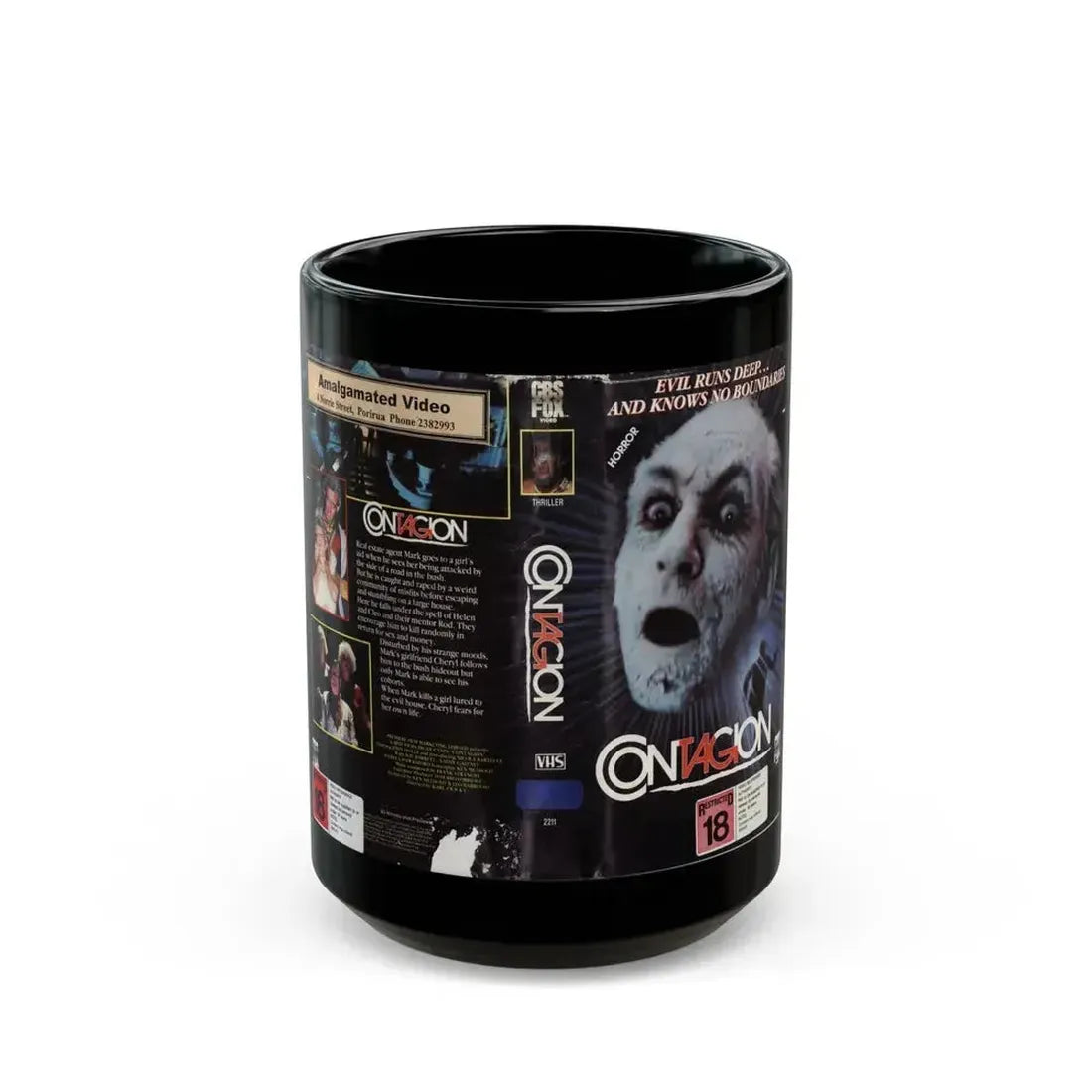 CONTAGION AMALGAMATED VIDEO (VHS COVER) - Black Coffee Mug 15oz - Go Mug Yourself