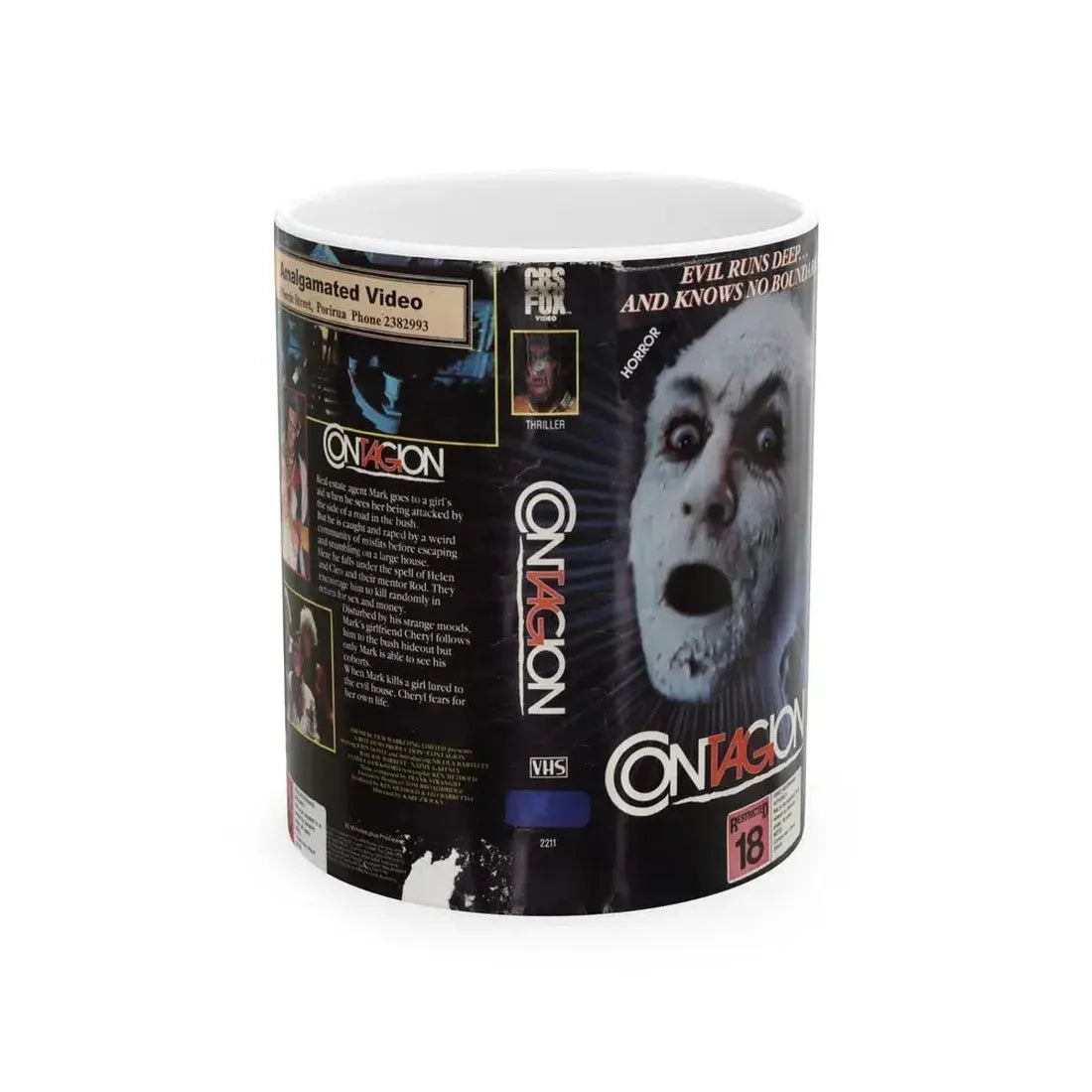 CONTAGION AMALGAMATED VIDEO (VHS COVER) - White Coffee Mug 11oz - Go Mug Yourself