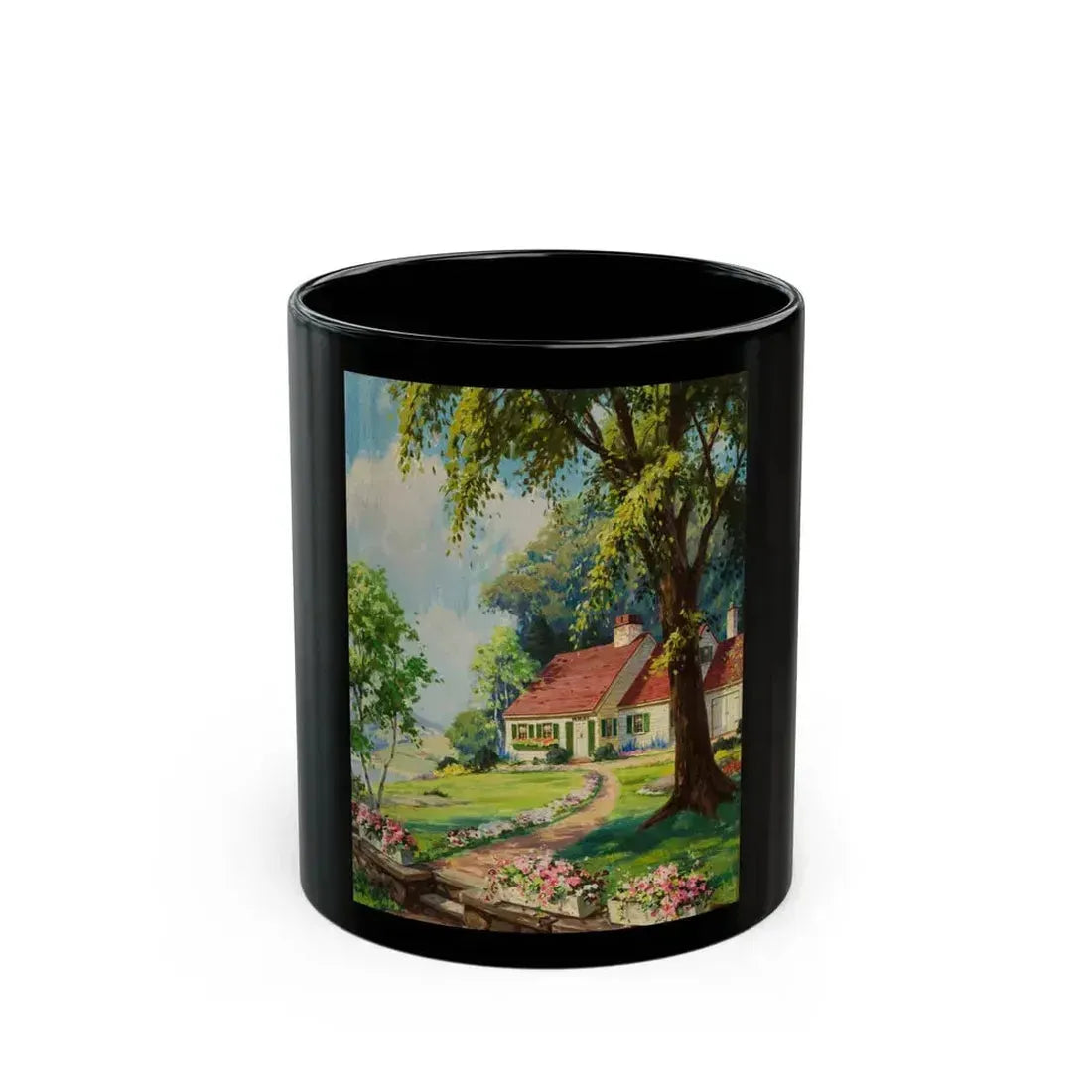 Cottage in the Springtime - Black Coffee Mug 11oz - Go Mug Yourself