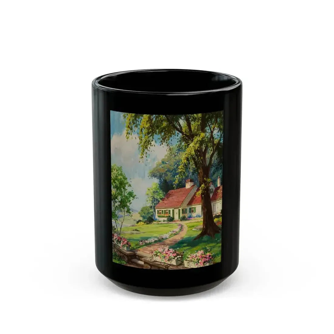 Cottage in the Springtime - Black Coffee Mug 15oz - Go Mug Yourself