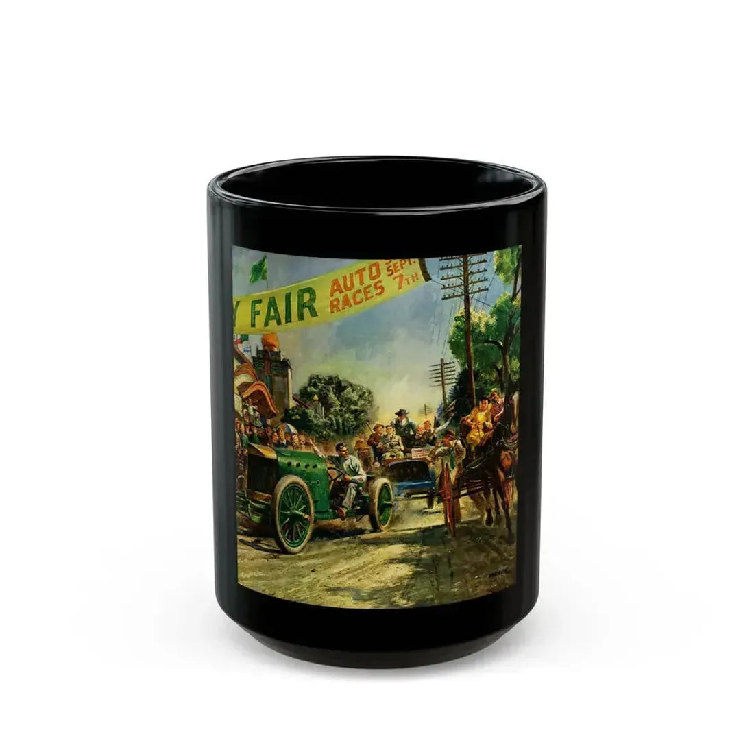 County Fair Auto Races, Esquire magazine, 1945 - Black Coffee Mug 15oz - Go Mug Yourself