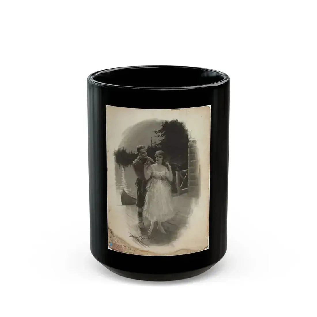 Couple at the Lake,  Illustration - Black Coffee Mug 15oz - Go Mug Yourself