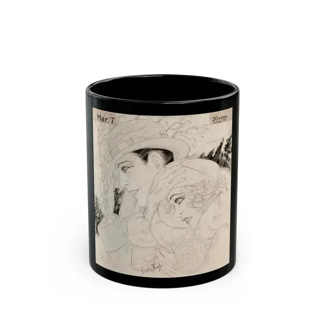 Couple in a Wind Storm, calendar illustration - Black Coffee Mug 11oz - Go Mug Yourself