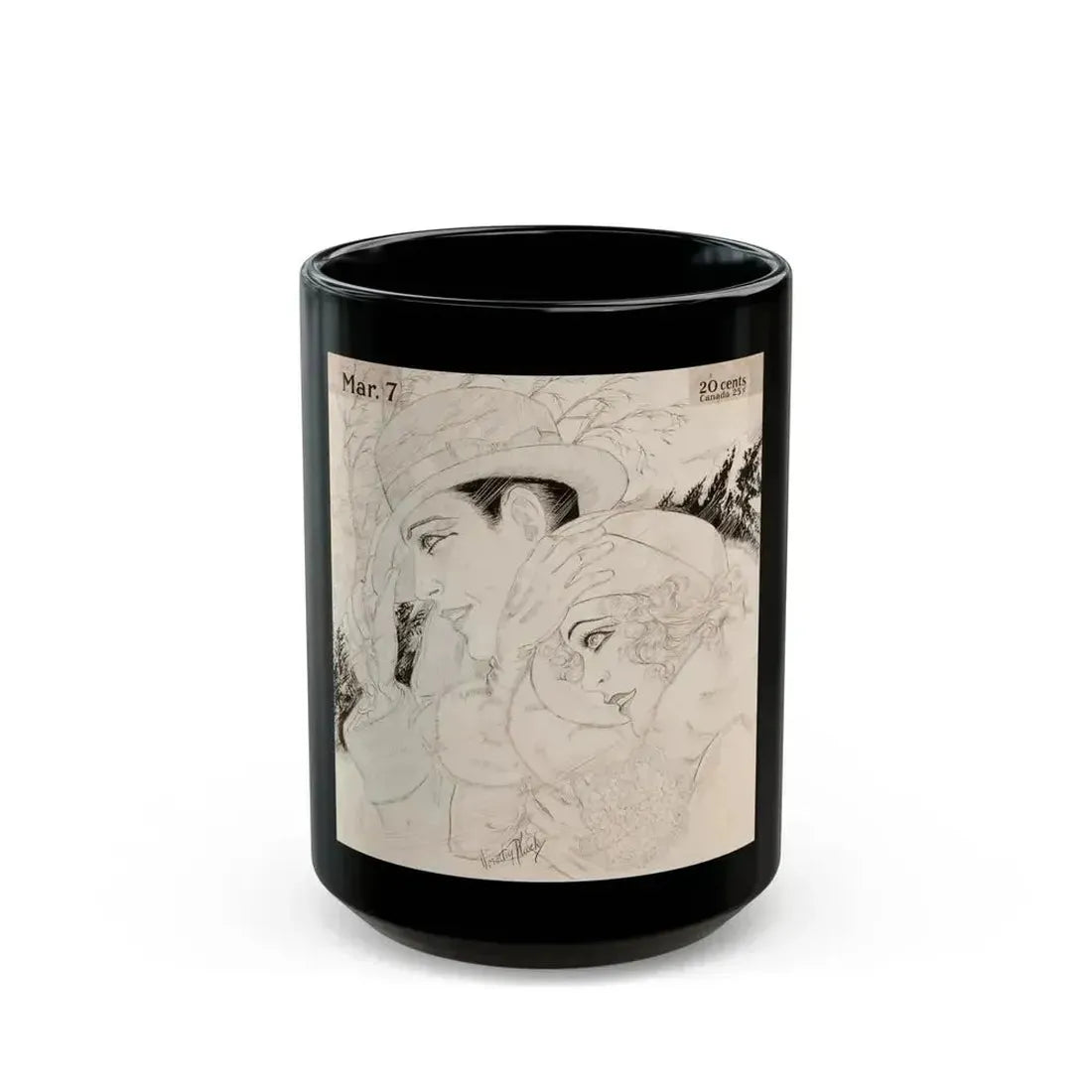 Couple in a Wind Storm, calendar illustration - Black Coffee Mug 15oz - Go Mug Yourself