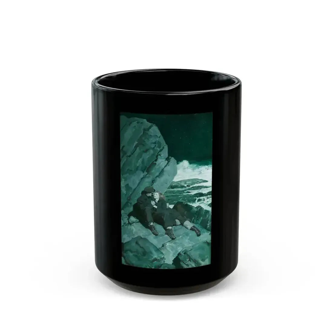 Couple on Rocks, Saturday Evening Post illustration, 1942 - Black Coffee Mug 15oz - Go Mug Yourself