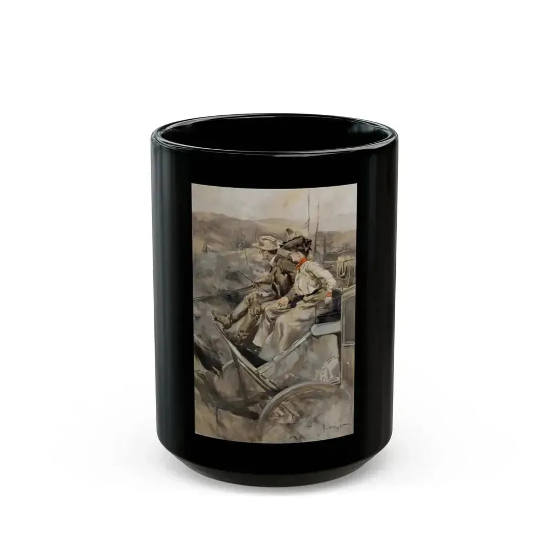 Couple on Stagecoach, story illustration, circa 1910 - Black Coffee Mug 15oz - Go Mug Yourself