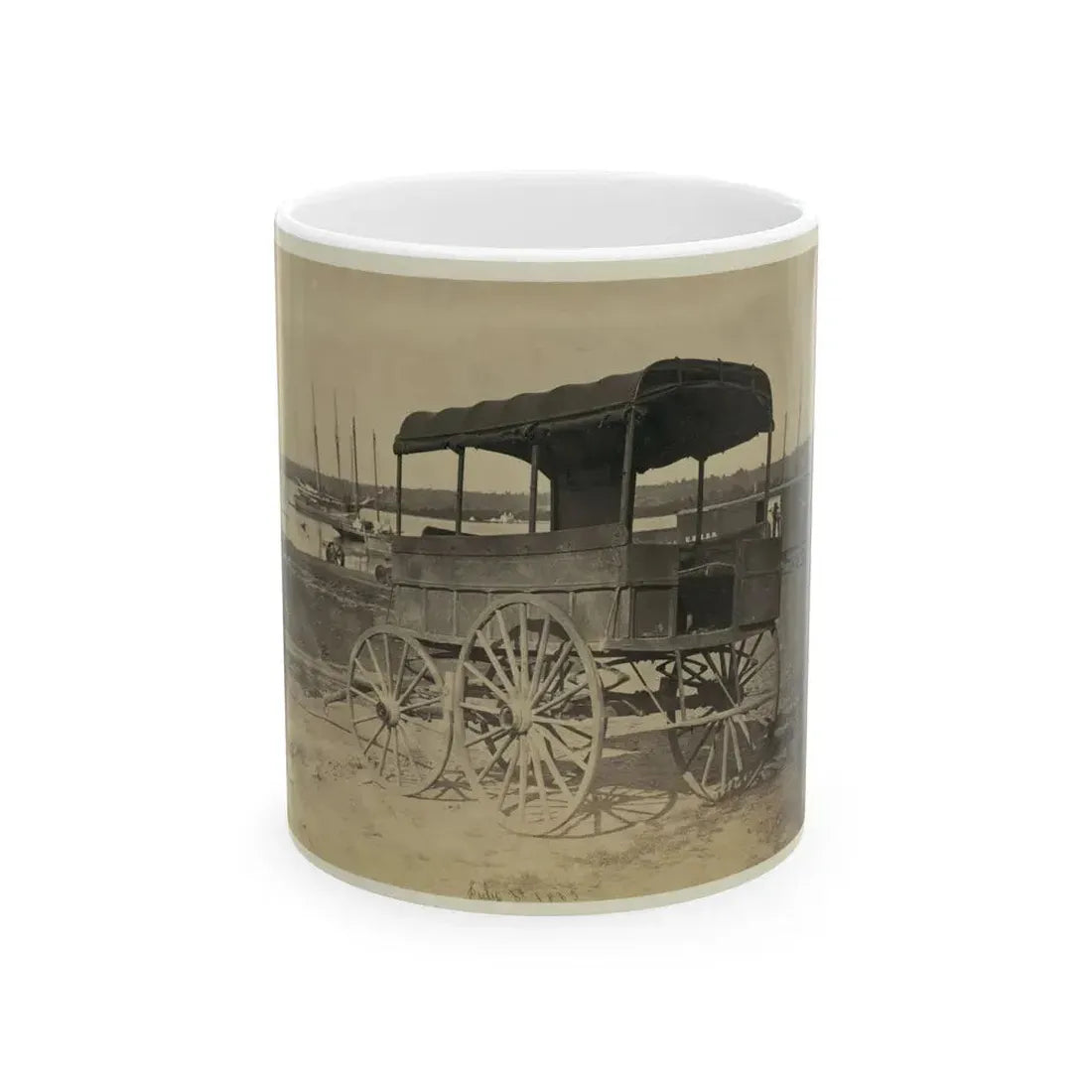 Covered Wagon With Side Curtains Rolled Up At A Military Facility (U.S. Civil War) White Coffee Mug 11oz - Go Mug Yourself
