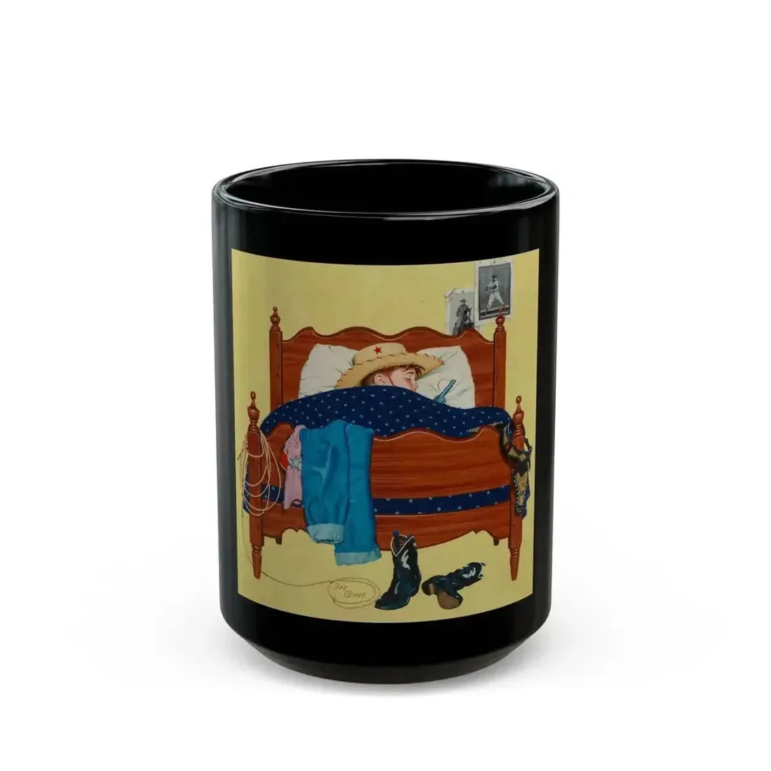 Cowboy Dreams, American Weekly magazine cover, October 6, 1957 - Black Coffee Mug 15oz - Go Mug Yourself