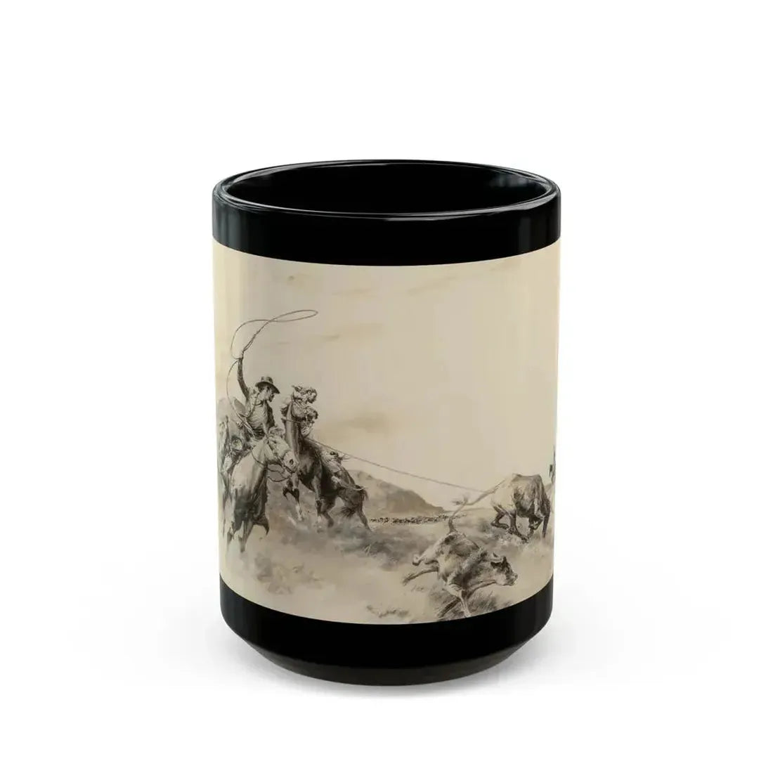 Cowboys Roping Steer - Black Coffee Mug 15oz - Go Mug Yourself