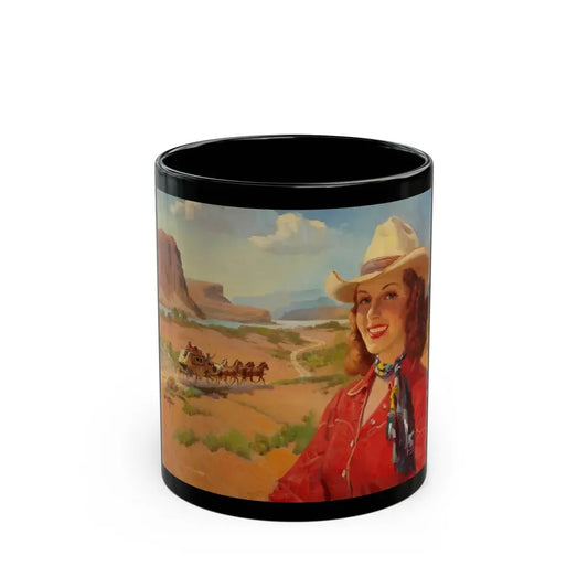 Cowgirl and Stagecoach, Santa Fe Railroad ad illustration, c. 1930 - Black Coffee Mug 11oz - Go Mug Yourself