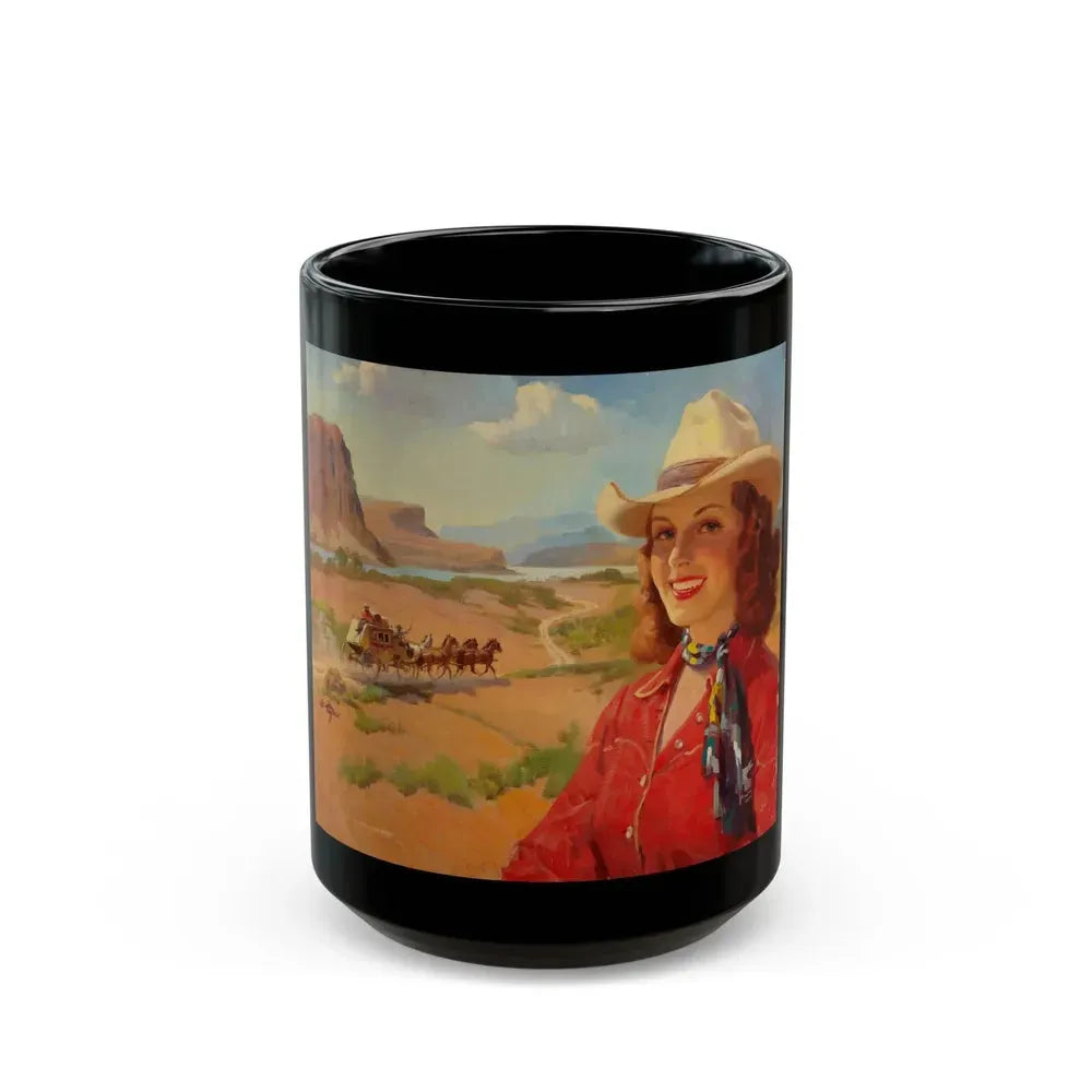Cowgirl and Stagecoach, Santa Fe Railroad ad illustration, c. 1930 - Black Coffee Mug 15oz - Go Mug Yourself