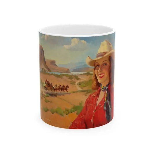 Cowgirl and Stagecoach, Santa Fe Railroad ad illustration, c. 1930 - White Coffee Mug 11oz - Go Mug Yourself