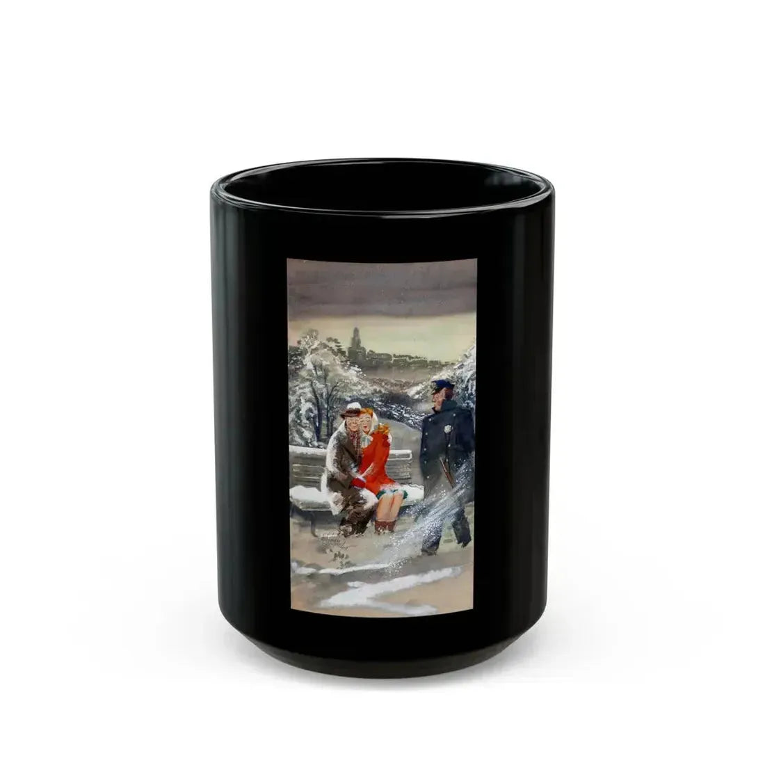 Cuddling in the Cold, Esquire magazine cover, February 1947 - Black Coffee Mug 15oz - Go Mug Yourself