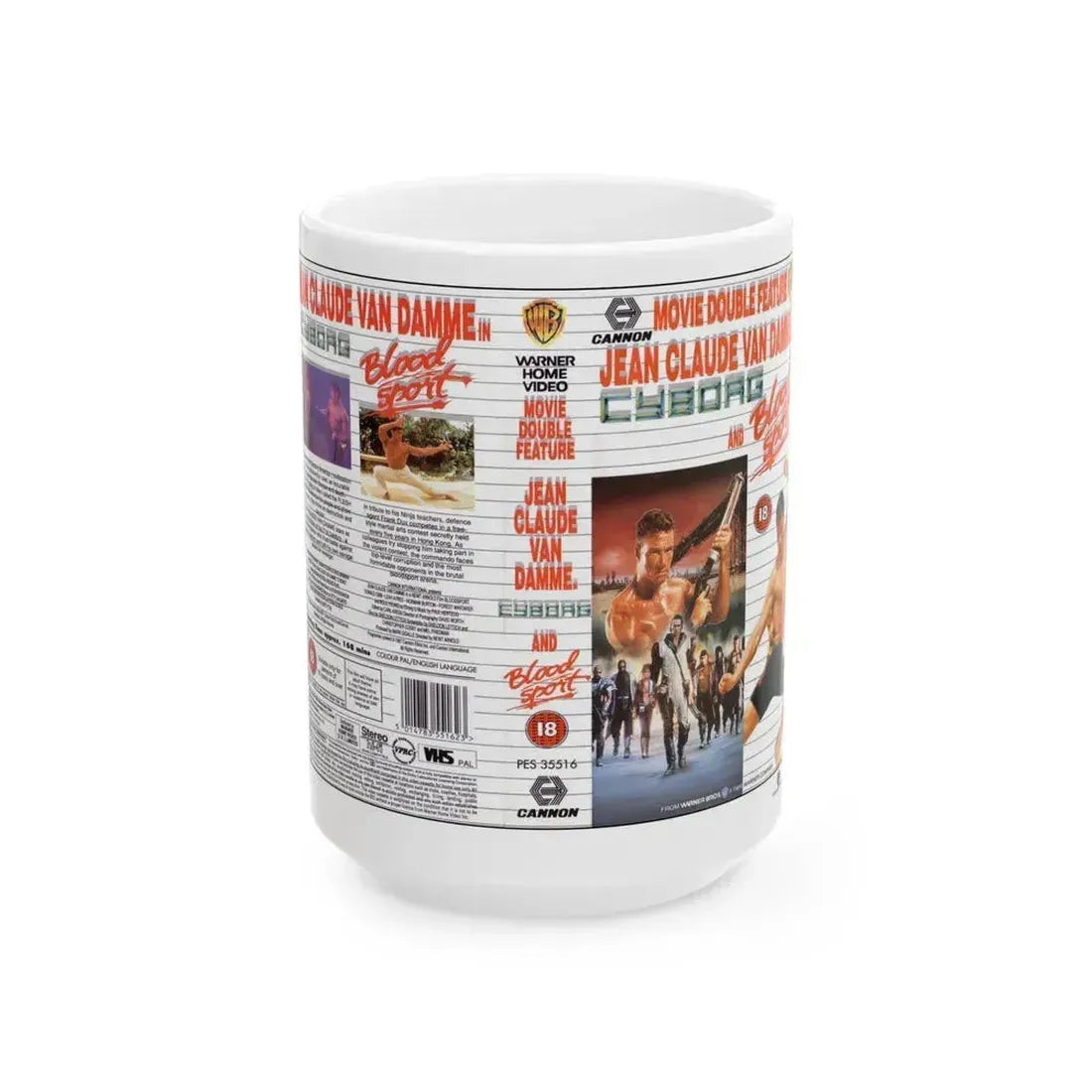 CYBORG AND BLOODSPORT DOUBLE FEATURE (VHS COVER) - White Coffee Mug 15oz - Go Mug Yourself