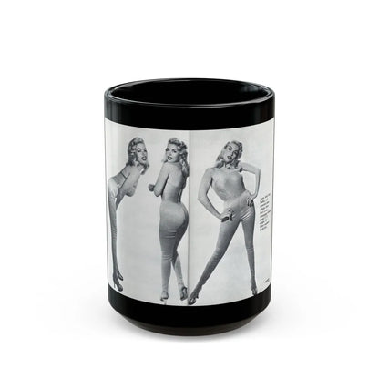 Jayne Mansfield #317 - Pages 42 & 43 Pages 3 & 4 of 6 featuring, Jayne+3 B&W Photos & Caption from Pageant Digest Mag. June '55 (Vintage Female Icon) Black Coffee Mug-15oz-Go Mug Yourself