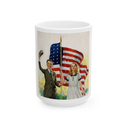 Boy and Girl with American Flag - White Coffee Mug-15oz-Go Mug Yourself