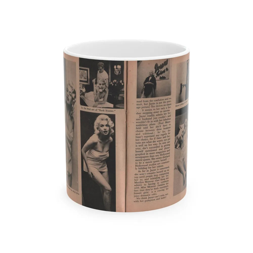 Jayne Mansfield #188 - 2 Pages, 6 B&W Photos, Captions & Article ending from Foto-rama Digest Mag. Dec. '56 (Vintage Female Icon) White Coffee Mug-11oz-Go Mug Yourself