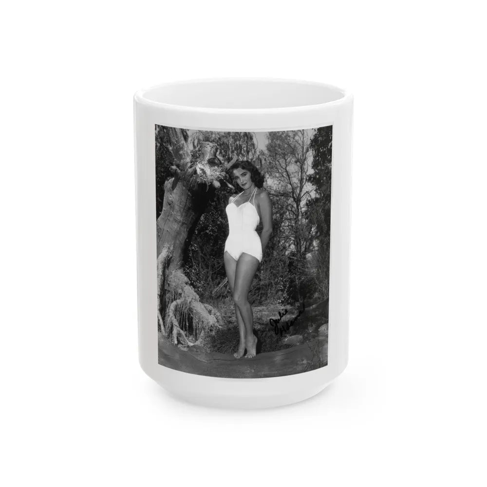 Julia Adams #177 - 8x10 B&W Full Body 1-Piece Swimsuit Promo Photo for Creature From The Black Lagoon '54 (Vintage Female Icon) White Coffee Mug-15oz-Go Mug Yourself