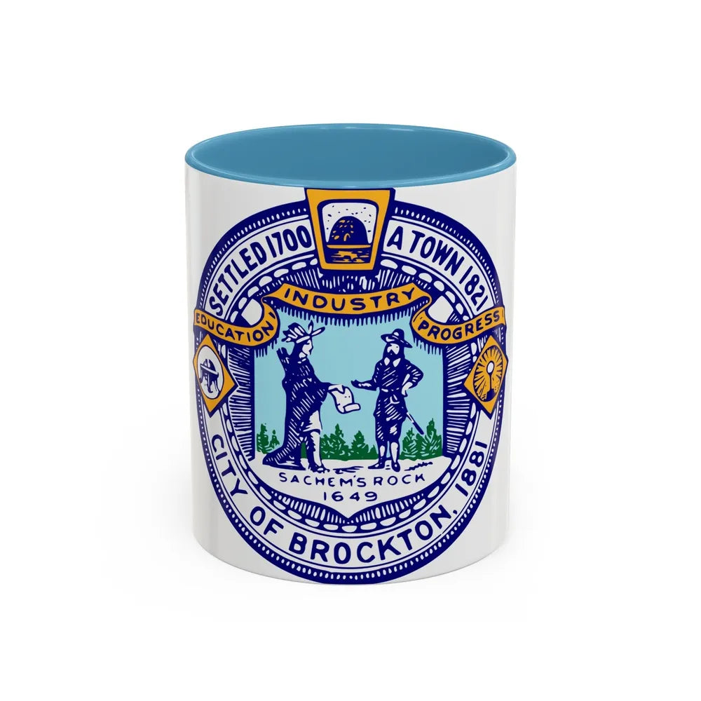 Seal of Brockton Massachusetts - Accent Coffee Mug-11oz-Light Blue-Go Mug Yourself