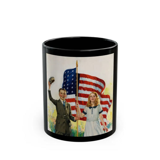 Boy and Girl with American Flag - Black Coffee Mug-11oz-Go Mug Yourself