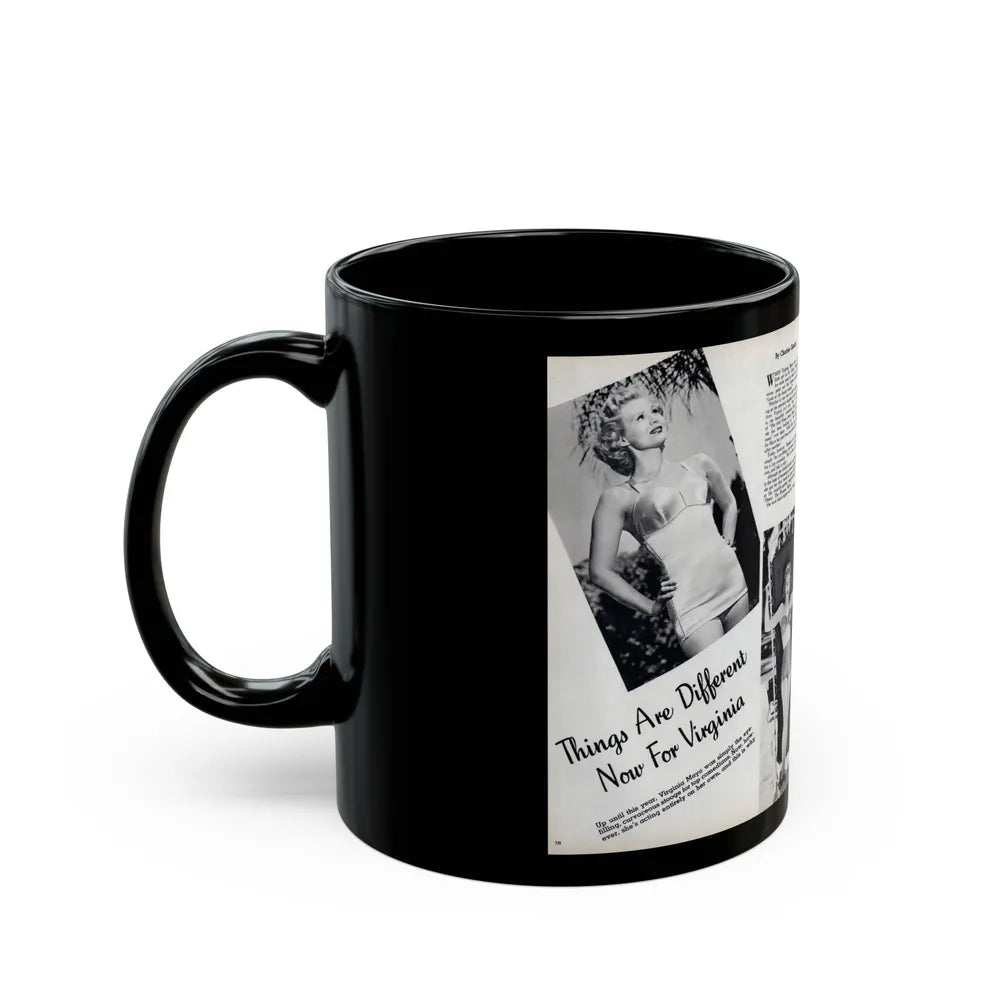 Virginia Mayo #290 - 2 Pages of Virginia+3 B&W Pin-Up Pics & 2 Candid Shots circa late 40's from a Movie Star Magazine (Vintage Female Icon) Black Coffee Mug-Go Mug Yourself