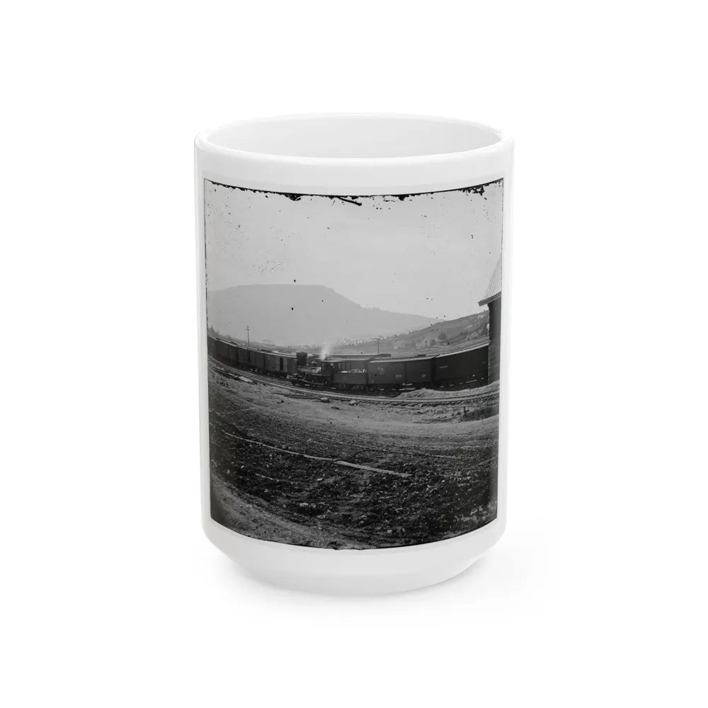 Chattanooga, Tenn. U.S. Military Train At Depot; Lookout Mountain In Background (U.S. Civil War) White Coffee Mug-15oz-Go Mug Yourself