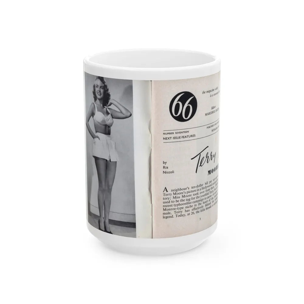 Terry Moore #436 - 66 PHTOTOGRAPHS OF Terry MOORE U.K. Pocket Mag. Inside Front Cover Pages 2 & 3 (Vintage Female Icon) White Coffee Mug-15oz-Go Mug Yourself