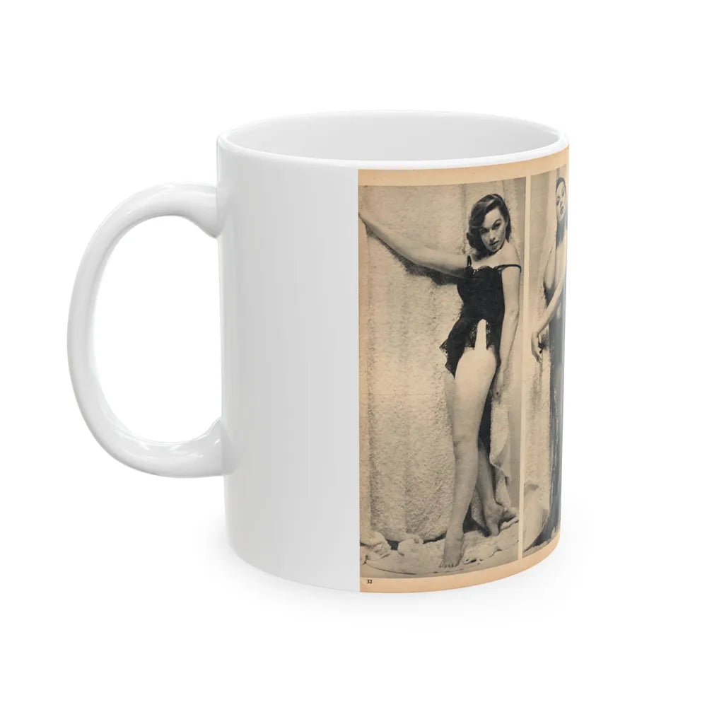 Dawn Richard #42 - [Pages 32 & 33] Including Pages 3 & 4 of 4 with B&W 3 Photos & Caption from FOR MEN ONLY Mag. Nov. '57 (Vintage Female Icon) White Coffee Mug-Go Mug Yourself