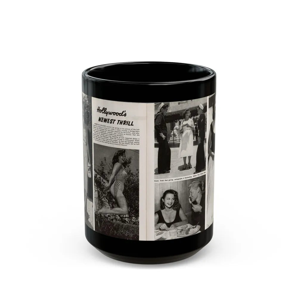 Greta Thyssen #16 - American Beauties Mag. '53 - 2 Pages with, 5 B&W Photos (Vintage Female Icon) Black Coffee Mug-15oz-Go Mug Yourself