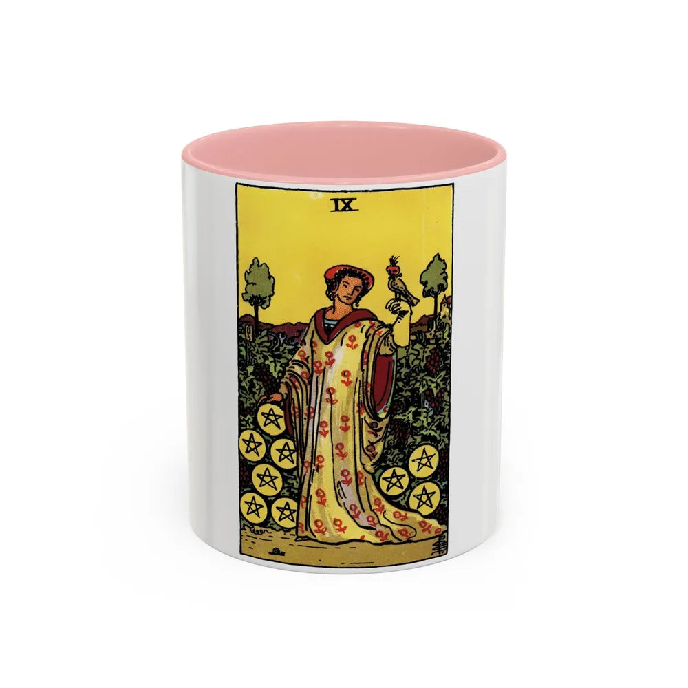 The 9 of Pentacles (Tarot Card) Accent Coffee Mug-11oz-Pink-Go Mug Yourself