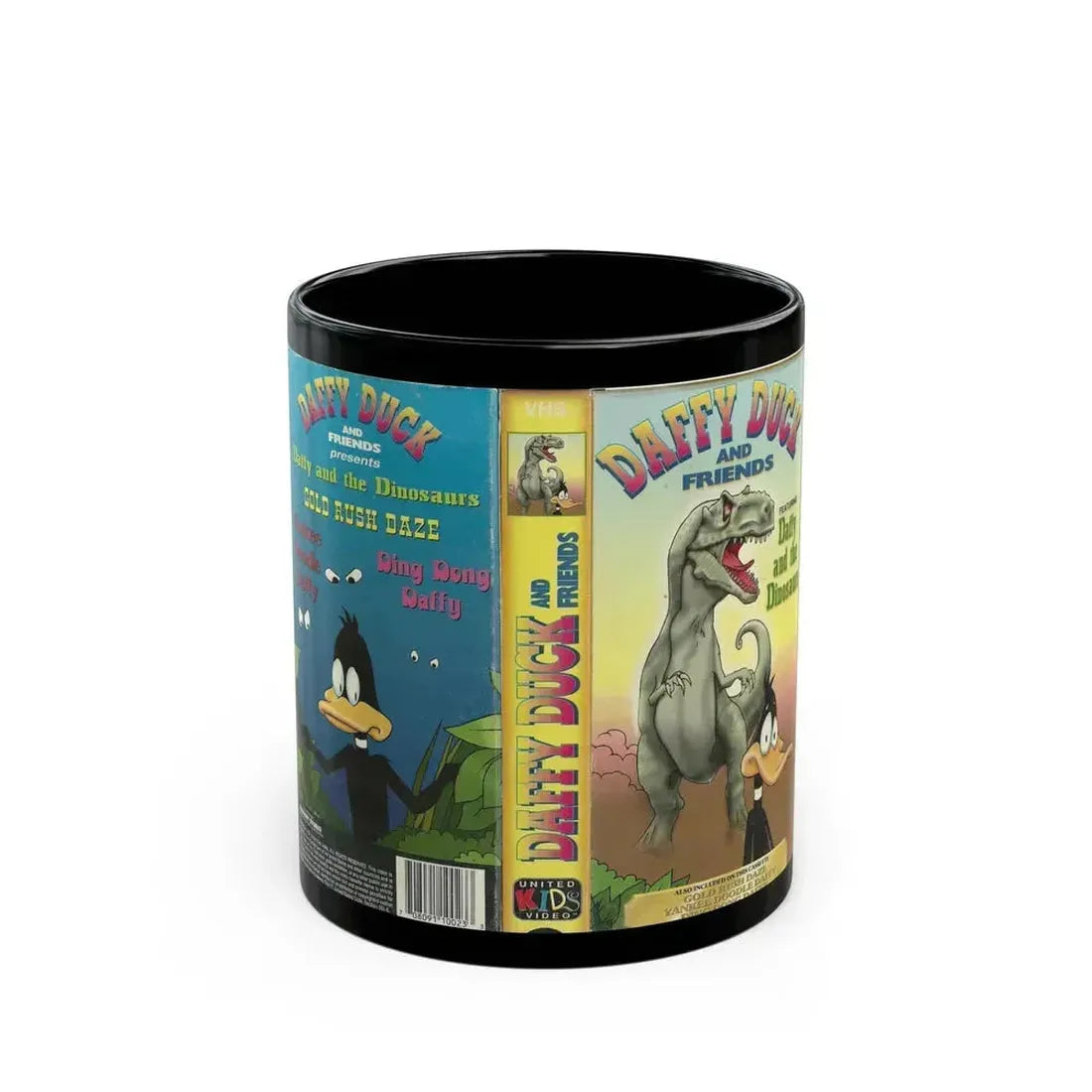 DAFFY DUCK AND FRIENDS DAFFY AND THE DINOSAURS (VHS COVER) - Black Coffee Mug 11oz - Go Mug Yourself