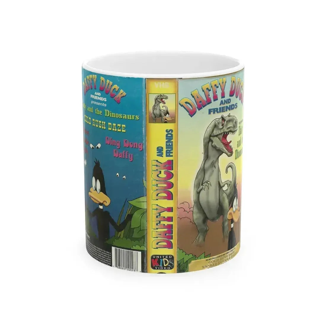 DAFFY DUCK AND FRIENDS DAFFY AND THE DINOSAURS (VHS COVER) - White Coffee Mug 11oz - Go Mug Yourself