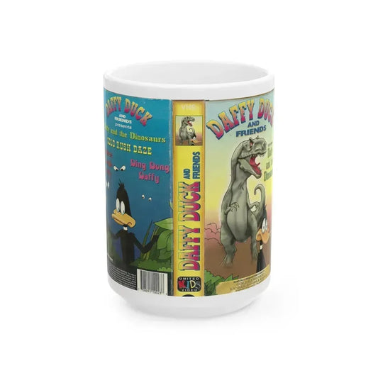 DAFFY DUCK AND FRIENDS DAFFY AND THE DINOSAURS (VHS COVER) - White Coffee Mug 15oz - Go Mug Yourself