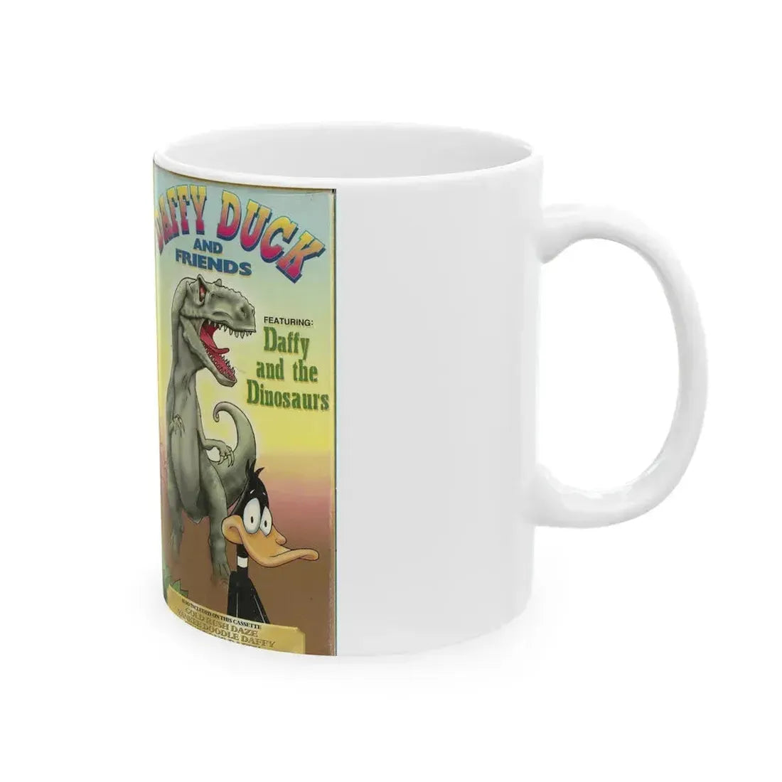 DAFFY DUCK AND FRIENDS DAFFY AND THE DINOSAURS (VHS COVER) - White Coffee Mug - Go Mug Yourself