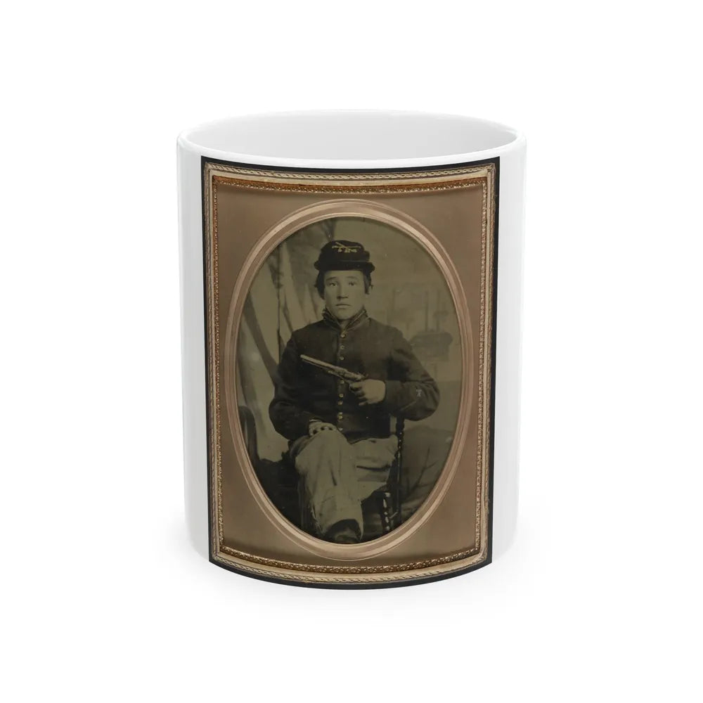 David Potts In Union Cavalry Uniform, With Revolver, In Front Of Painted Background (U.S. Civil War) White Coffee Mug-11oz-Go Mug Yourself