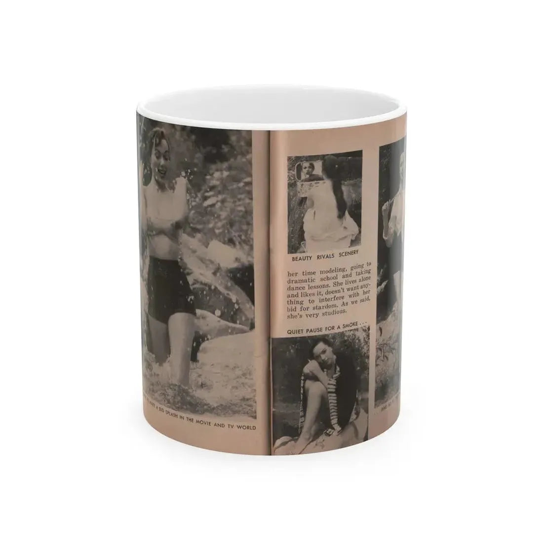 Dawn Richard #36 - [Pages 54 & 55] Including Pages 5 & 6 of 6 with, 2 B&W Photos+Captions from People Today Pocket Mag. Nov. '57 (Vintage Female Icon) White Coffee Mug 11oz - Go Mug Yourself